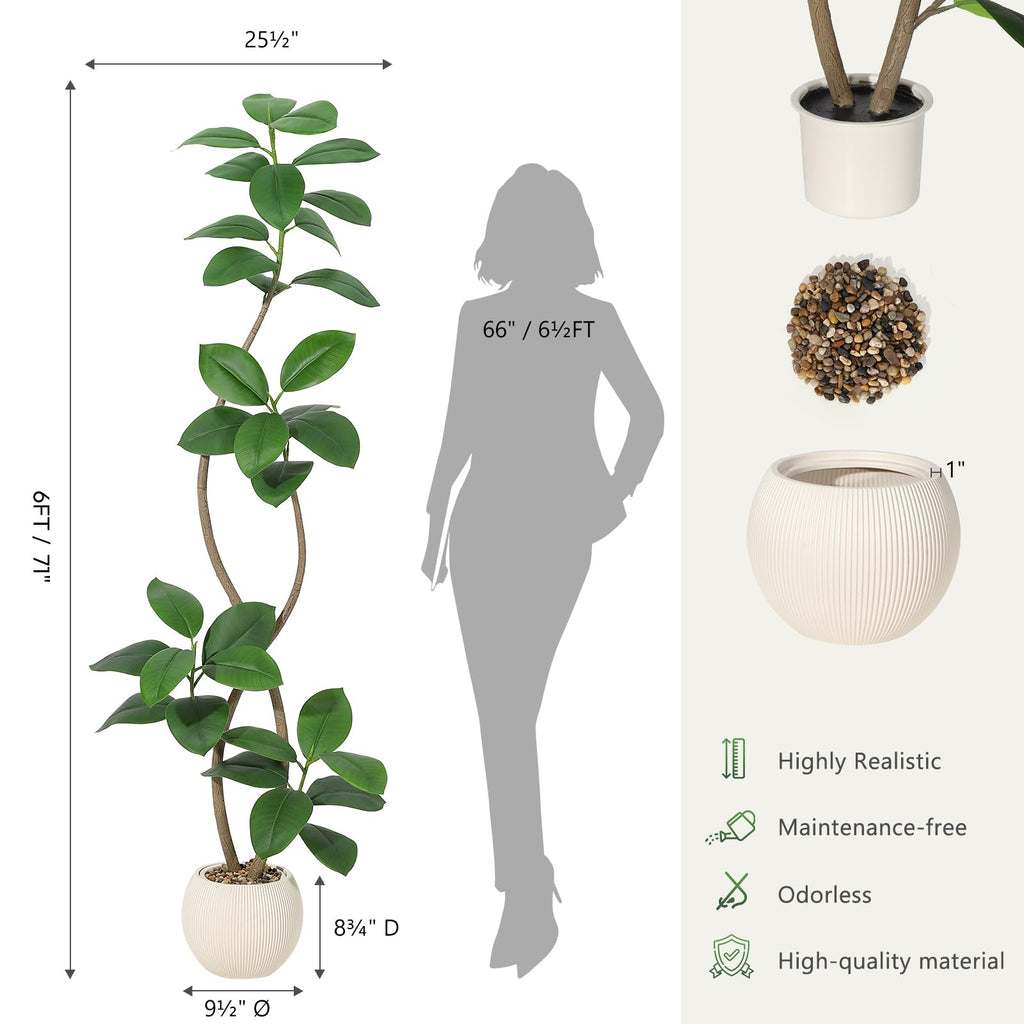 6 ft Artificial Plant Rubber Tree with off wh ite Sphere Resin Planter & Stone Faux Fiddle Leaf Fig Tree Indoor