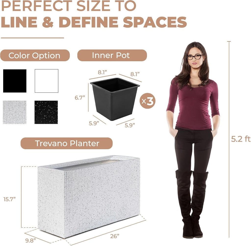 Trevano Fiberstone Rectangular Planter (M, Ribbed White) | Lightweight, Durable, UV Resistant, Modern Terra Cotta