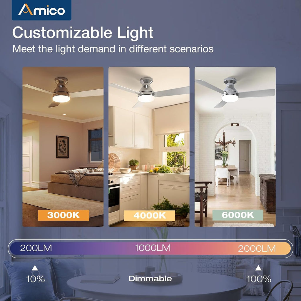 Ceiling Fans with Lights, 42 inch Low Profile Ceiling Fan with Light and Remote Control, Flush Mount, Reversible, 3CCT, Dimmable, Noiseless, Nickel Ceiling Fan for Bedroom, Indoor/Outdoor Use