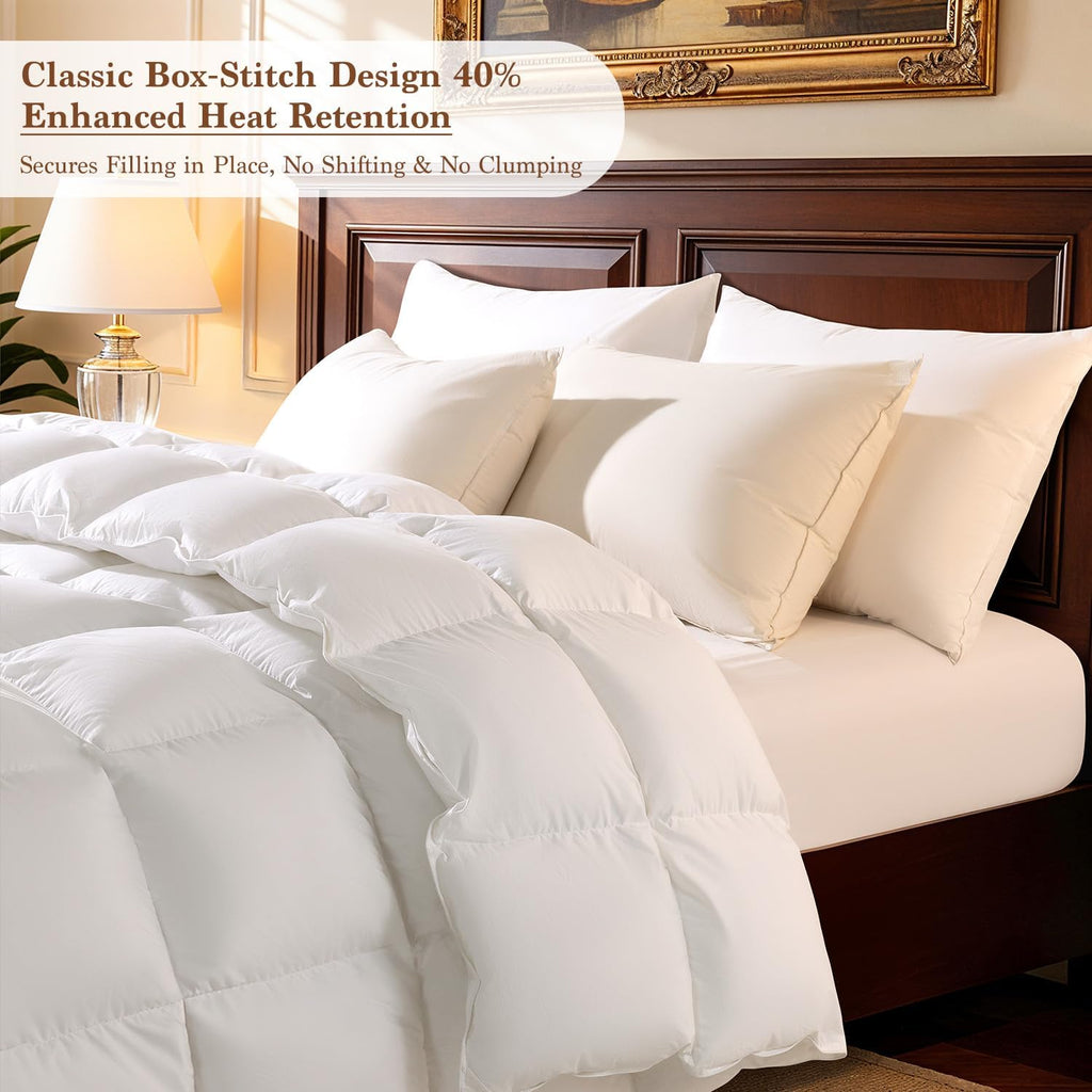 Goose Down Comforter Queen, 600 TC Cotton Cover, 850+ Fill Power, All Season Duvet Insert, 3D Baffle