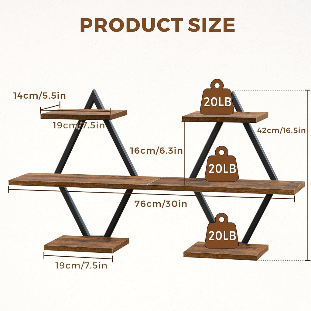 Floating Wall Shelves, Set of 2, Rustic Brown | 3-Tier Hanging, Wall Mounted, Sturdy & Durable