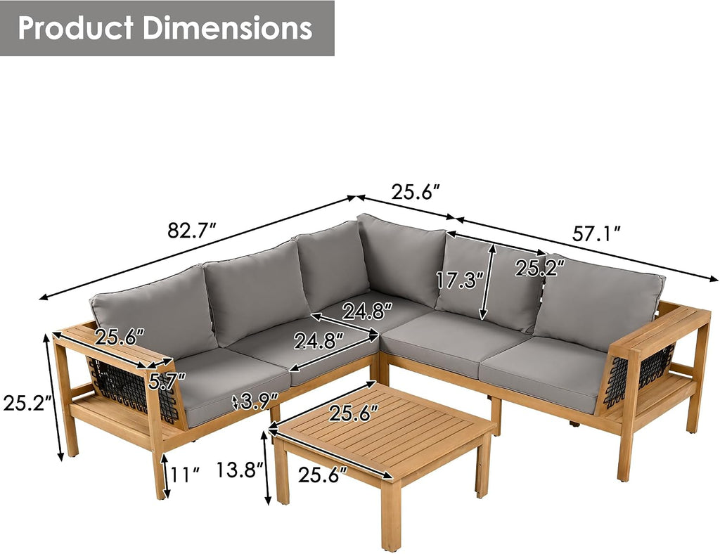 4 Pieces Patio Furniture Set, Outdoor L-Shaped Sectional Sofa Set with Coffee Table, Acacia Wood Conversation Seating