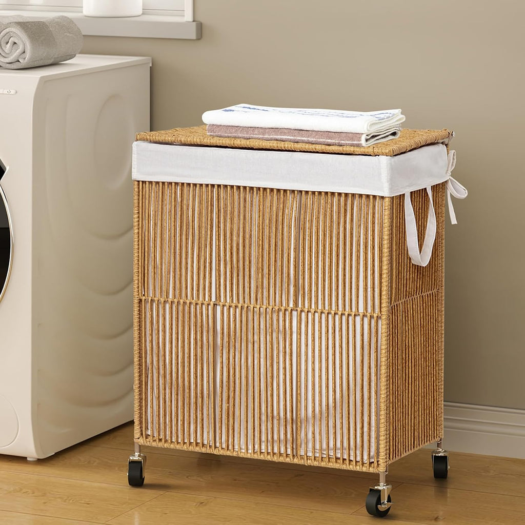 Rolling Laundry Basket Wheels, Handwoven Laundry Hamper with Lid | Double Clothes Hamper with Divided Removable Bag
