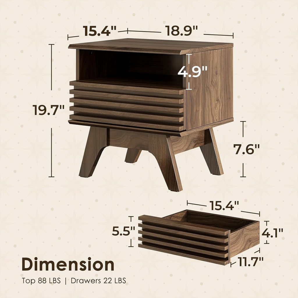 18.9" Wide Fluted Nightstand Set of 2, End Table with Drawer and Open Shelf, Mid Century Modern Side Tables with