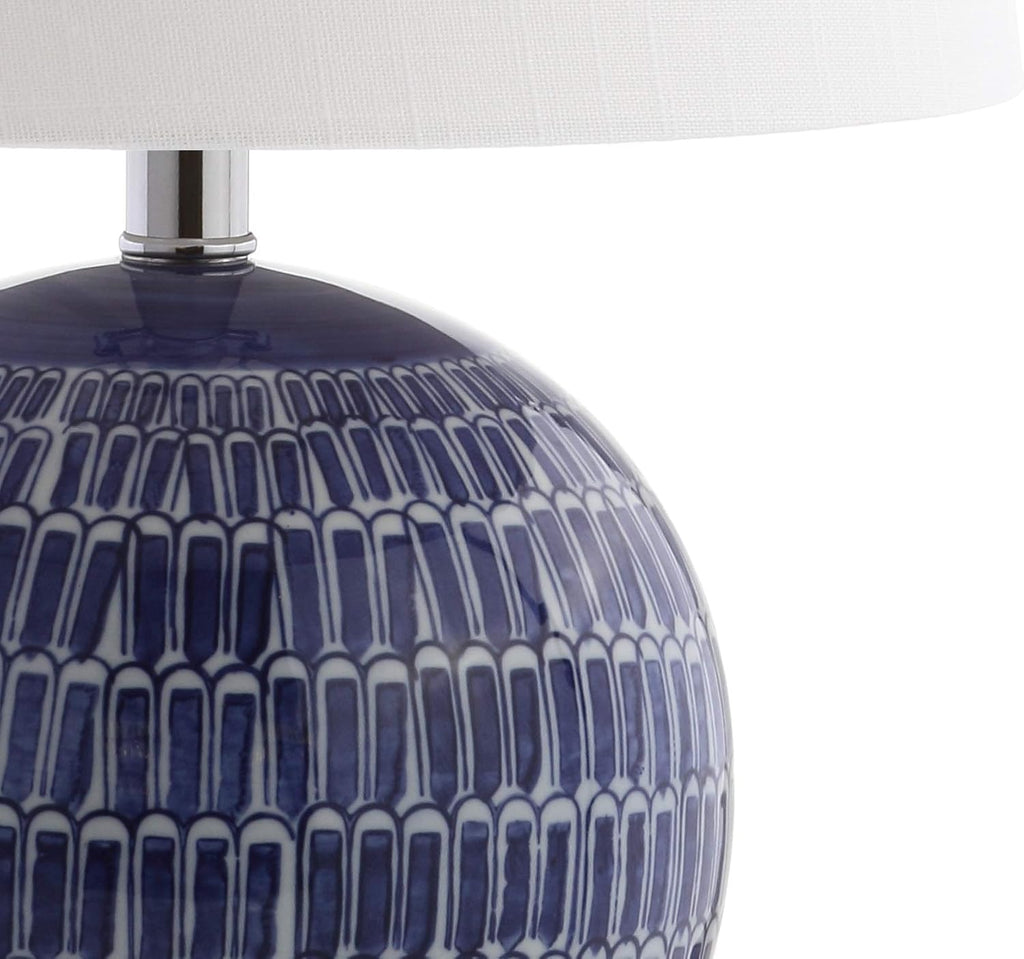 21" Navy Ceramic Hand-Painted Scallop Sphere Table Lamp, Coastal Transitional Bedside Lamp with White Linen Drum Shade