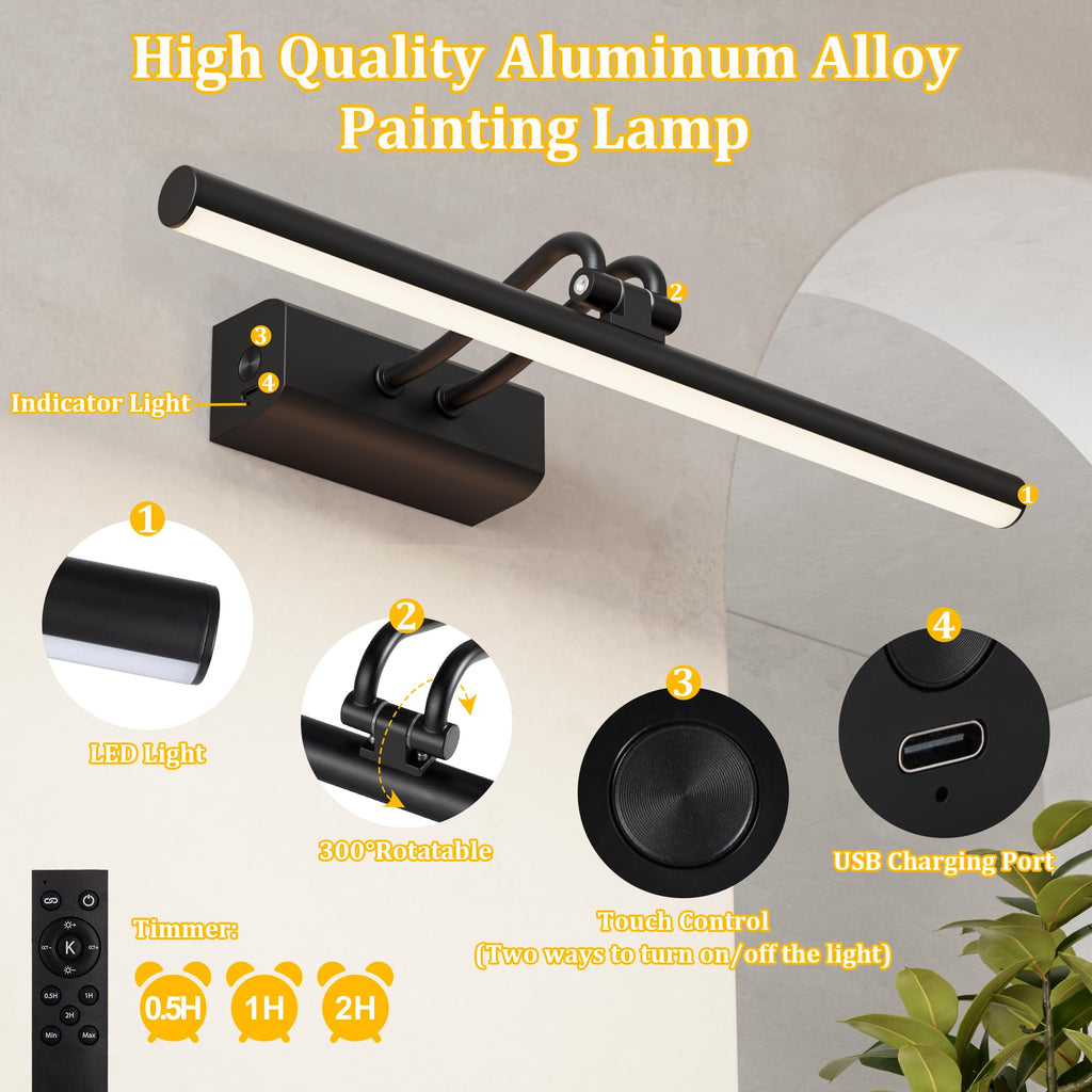 Picture Light for Wall, RF Remote, USB Charging, Black