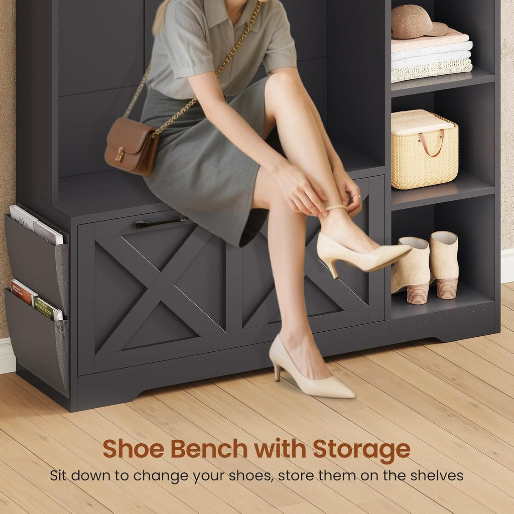 Hall Tree with Bench and Shoe Storage, Farmhouse Entryway Bench with Coat Rack, Shoe Cabinet with Flip Drawers, 7
