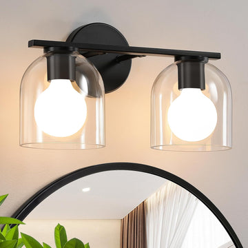 Bathroom Vanity Light Fixtures: 14.2 Inch Modern Black Vanity Lighting Fixtures Over Mirror with Clear Glass Shade