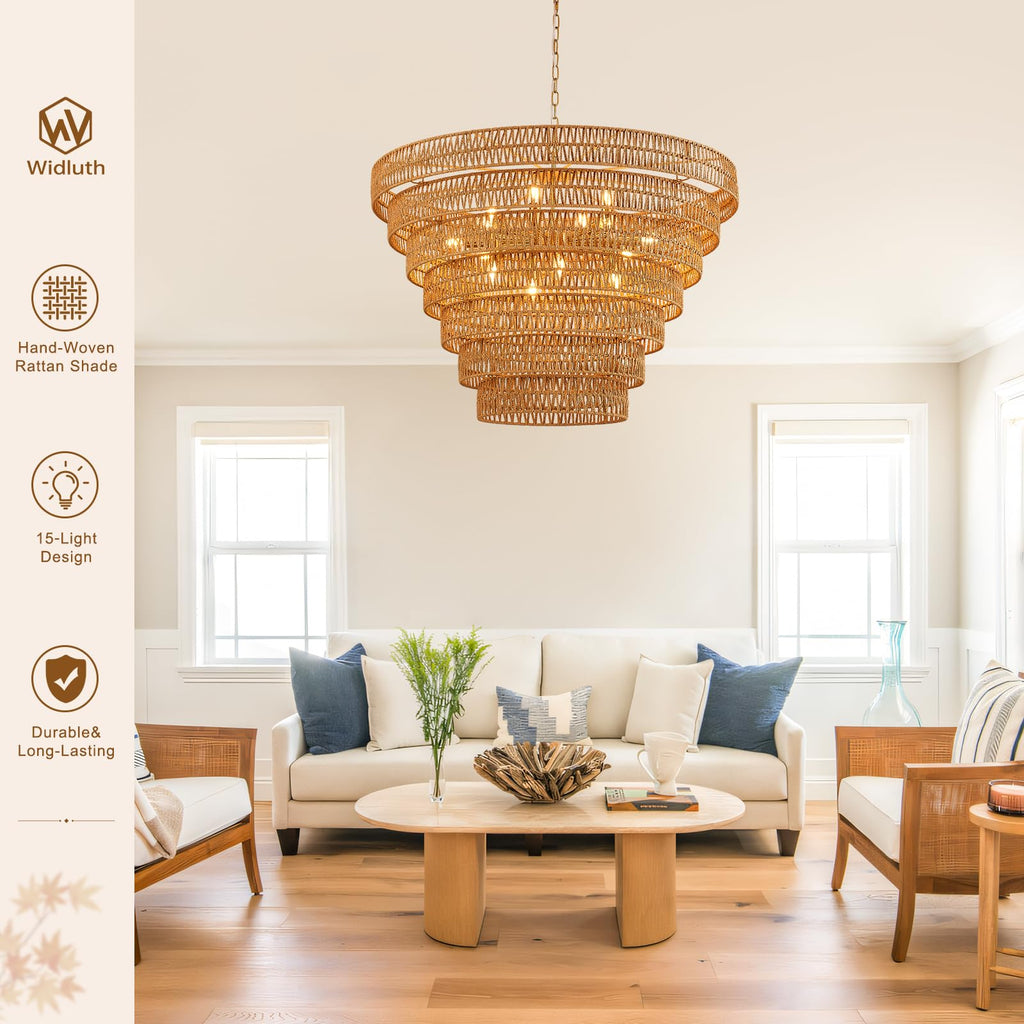 39.4" Large Gold Rattan Chandelier, 15-Light Wicker Drum Boho Light