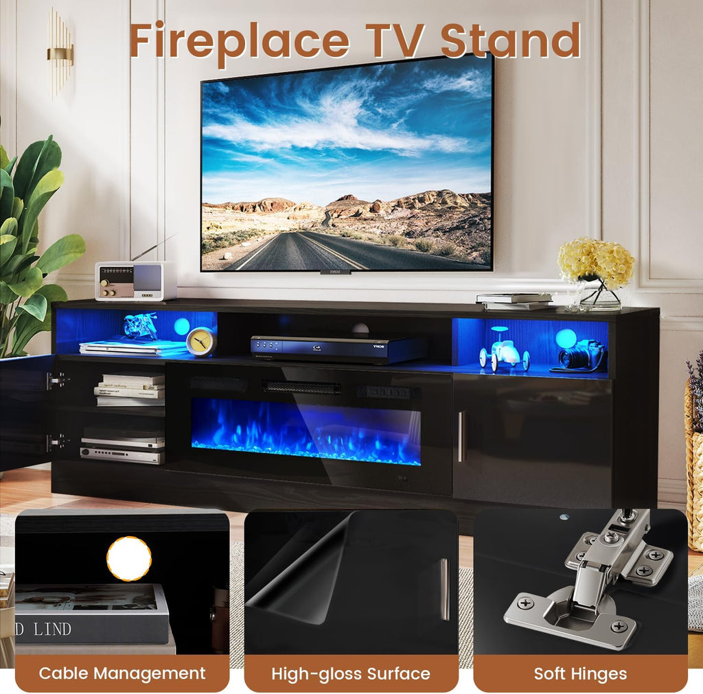 70" Fireplace TV Stand with Power Outlet for TVs UP to 80", Electric Fireplace Entertainment Center with LED Lights & Storage Cabinets, TV Console for Living Room, Office, Black-Black