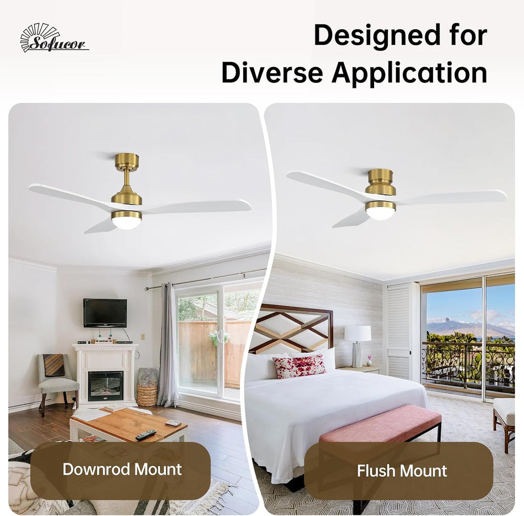 52" Smart Wood Ceiling Fans Lights, Flush Mount & Downrod Mount