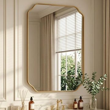32"x24" Gold Bathroom Wall Mirror, Scalloped Edge Vanity Mirror