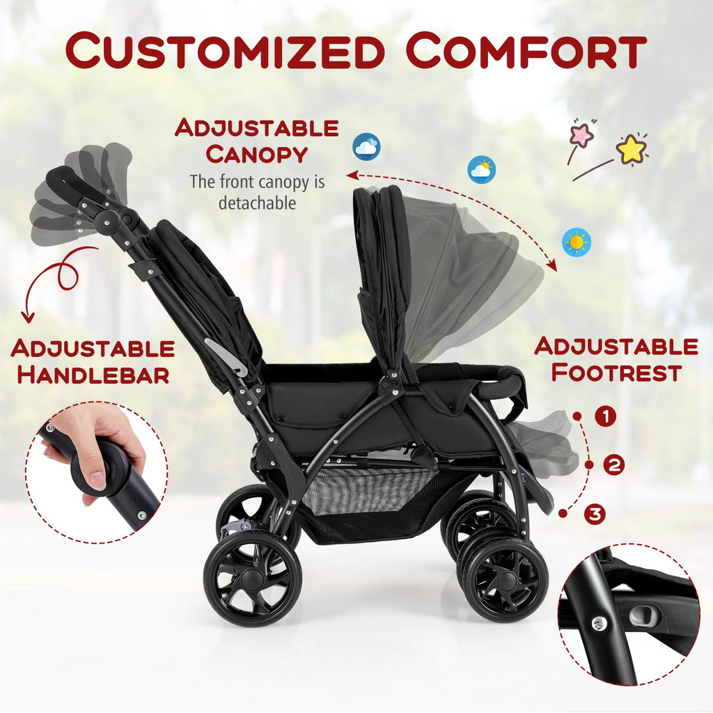 Double Stroller, Foldable Lightweight Infant Twin with Tandem Seating, 5-Point Harness, Recline Seat, Storage Basket