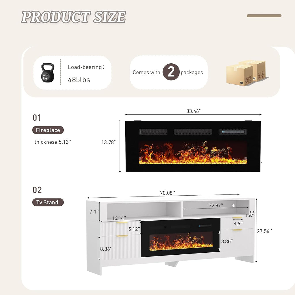 Fireplace TV Stand with 36" Fireplace Up to 80" TVs, 70" Entertainment Center with LED Lights, Storage Cabinets
