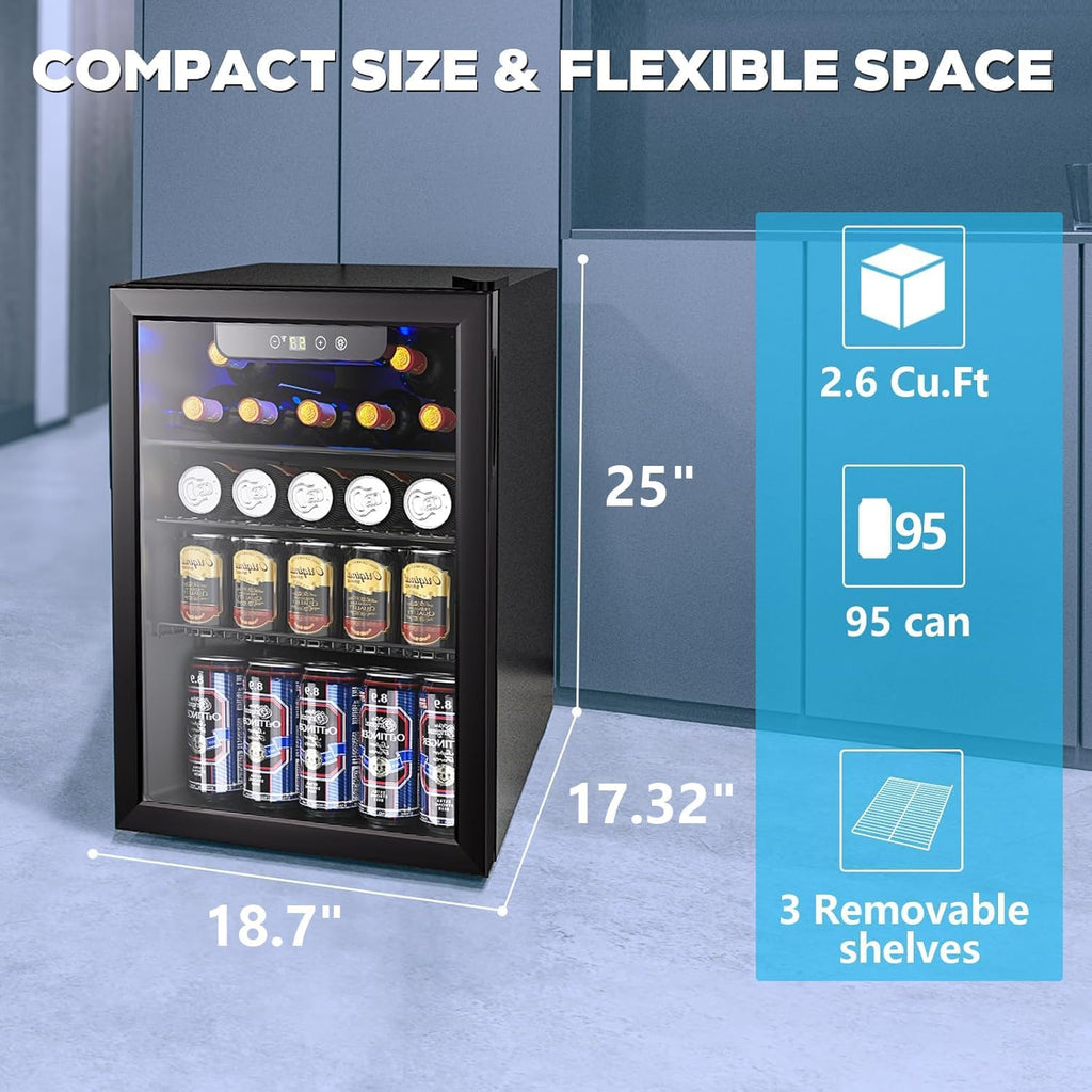 26 Bottle Wine Cooler, 95 Cans Beverage Refrigerator, 2.6 cu.ft Drink Fridge Dig
