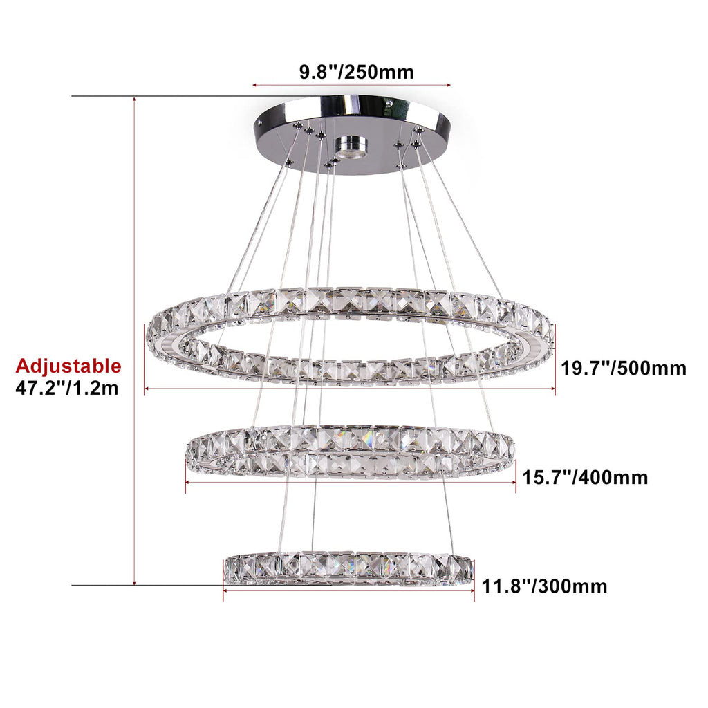 3-Ring Acrylic Crystal Chandelier, Modern Ceiling Light Fixture