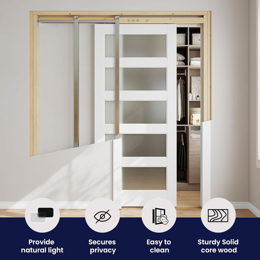 Sliding Pocket Door 24" x 80", 5-Panel Frosted Glass Panel with Soft Close Pocket Door Frame Kit, In