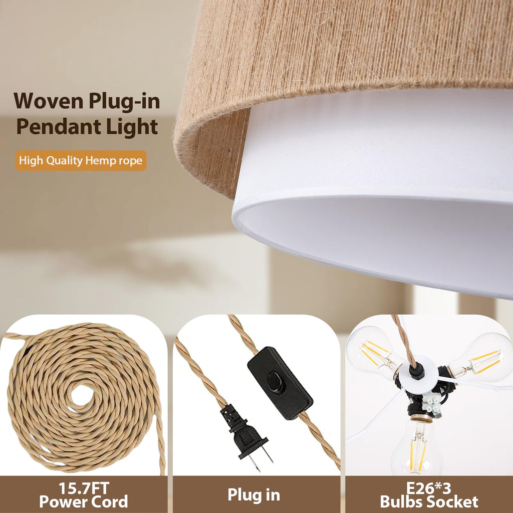 Plug in Pendant Light, 18" Rattan Plug in Chandelier with 15.7FT Light Cord, Hanging Light with Handwoven Hemp Rope