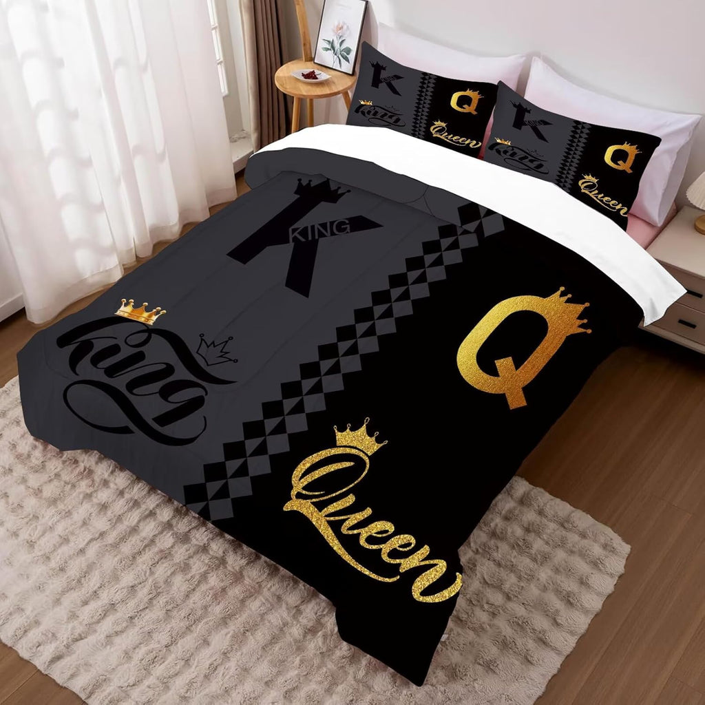 King Queen Crown Comforter Set Black Grey Bedding Set for Teens Women Men Adults Couple Quilt Bedroom Decor