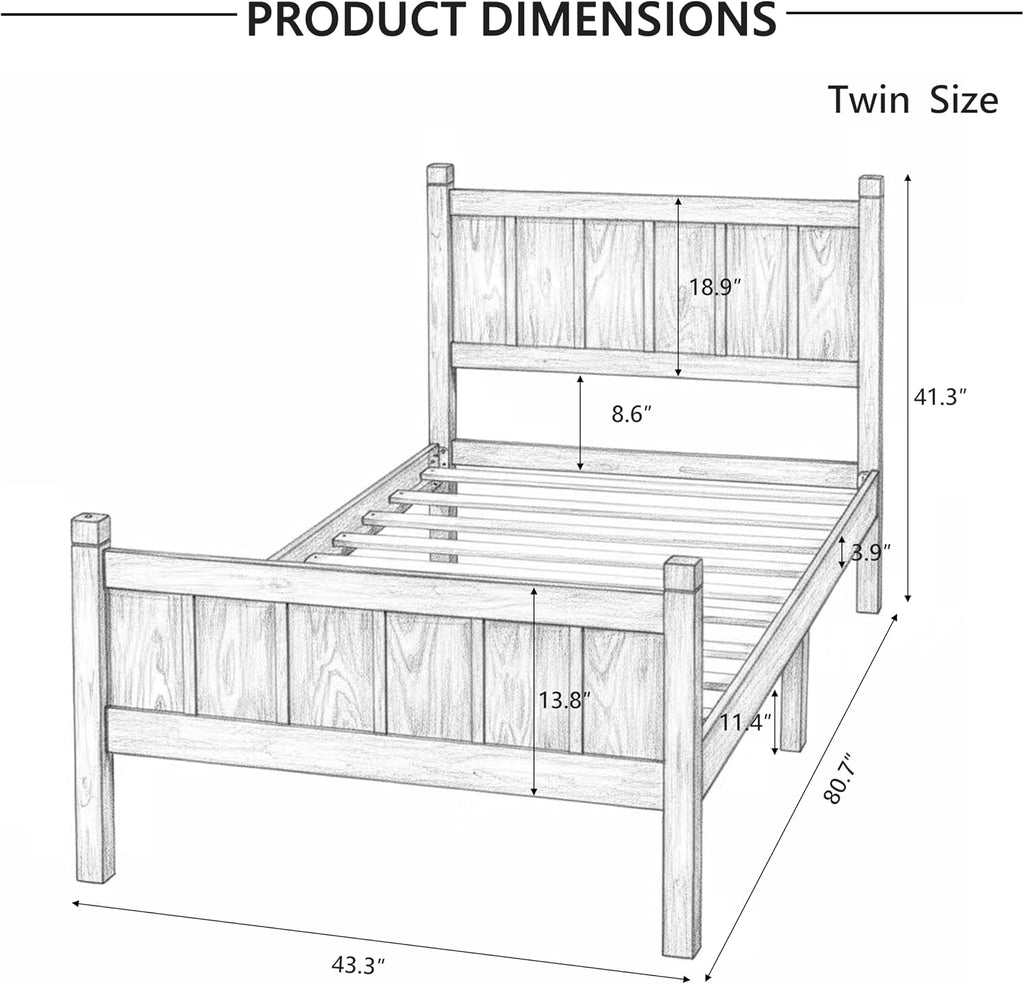 Twin Platform Bed Frame with Headboard & Footboard, Modern Farmhouse Wood Grain Flat Panel Bed for Kids, Teens, Small