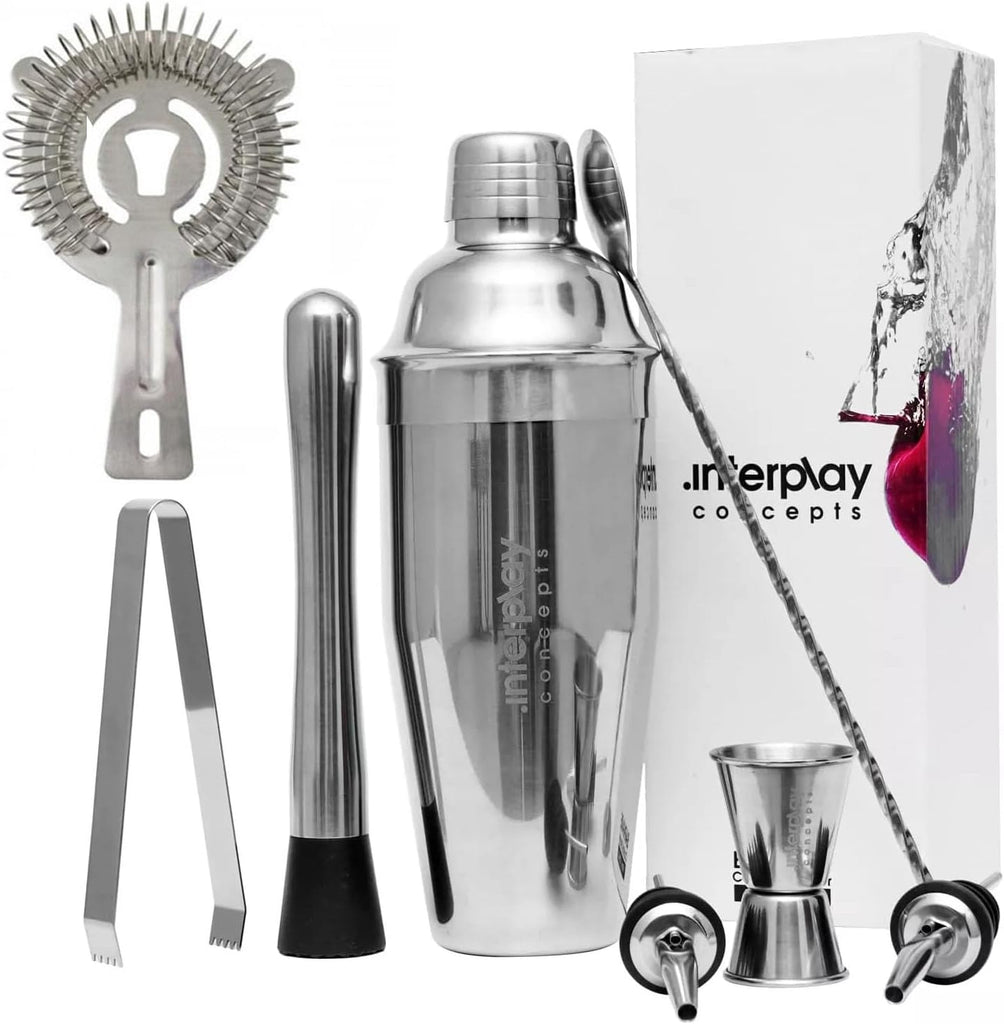 Cocktail Shaker Set, Stainless Steel Barware-Tool, Includes Jigger, Bar Spoon, Bottle Pourers, Tong, Strainer - Set of 8