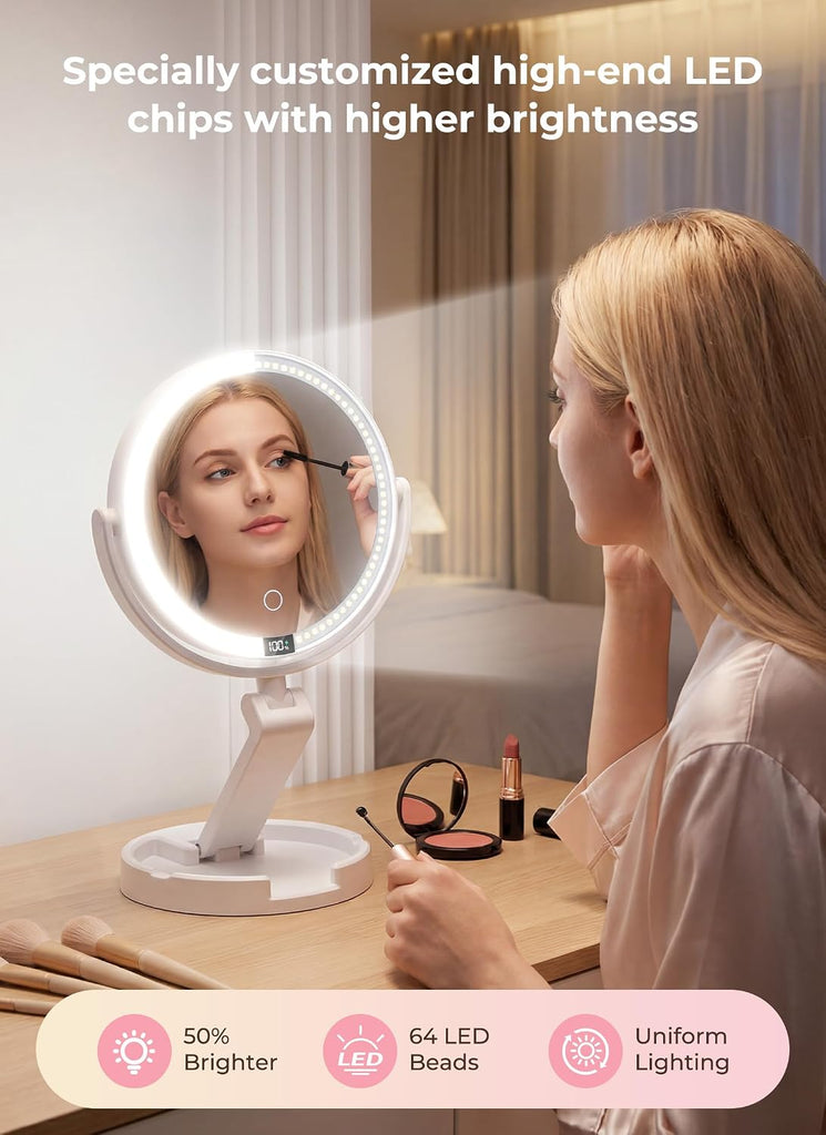 Lighted Travel Makeup Mirror, 1X & 10X Magnification, 3 Light Modes, Double Sided Magnification