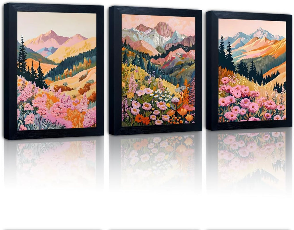 Framed Landscape Mountain Painting Autumn Forest Wall Art 3 Piece Nature Canvas Print Vintage Fall Picture Artwork