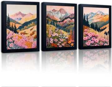 Framed Landscape Mountain Painting Autumn Forest Wall Art 3 Piece Nature Canvas Print Vintage Fall Picture Artwork