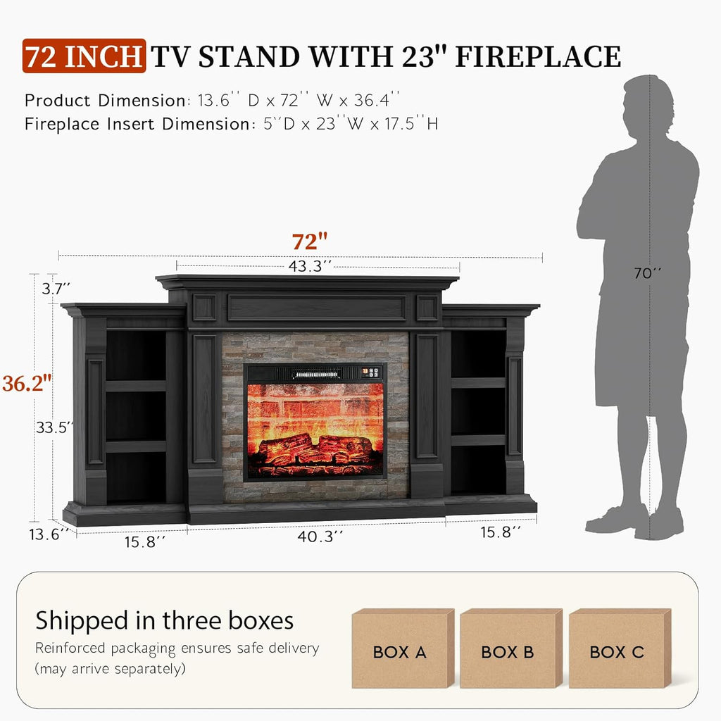 72" Electric Fireplace with Mantel, Fireplace TV Stand for TVs Up to 80 Inch, Modern Entertainment Center with Storage, Realistic 3D Flame Effect and Stacked Stone Surround Design for Living Room