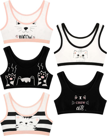Girls Training Bras - Soft Cotton Kids Sports Bra, 5 Pack Crop Tops