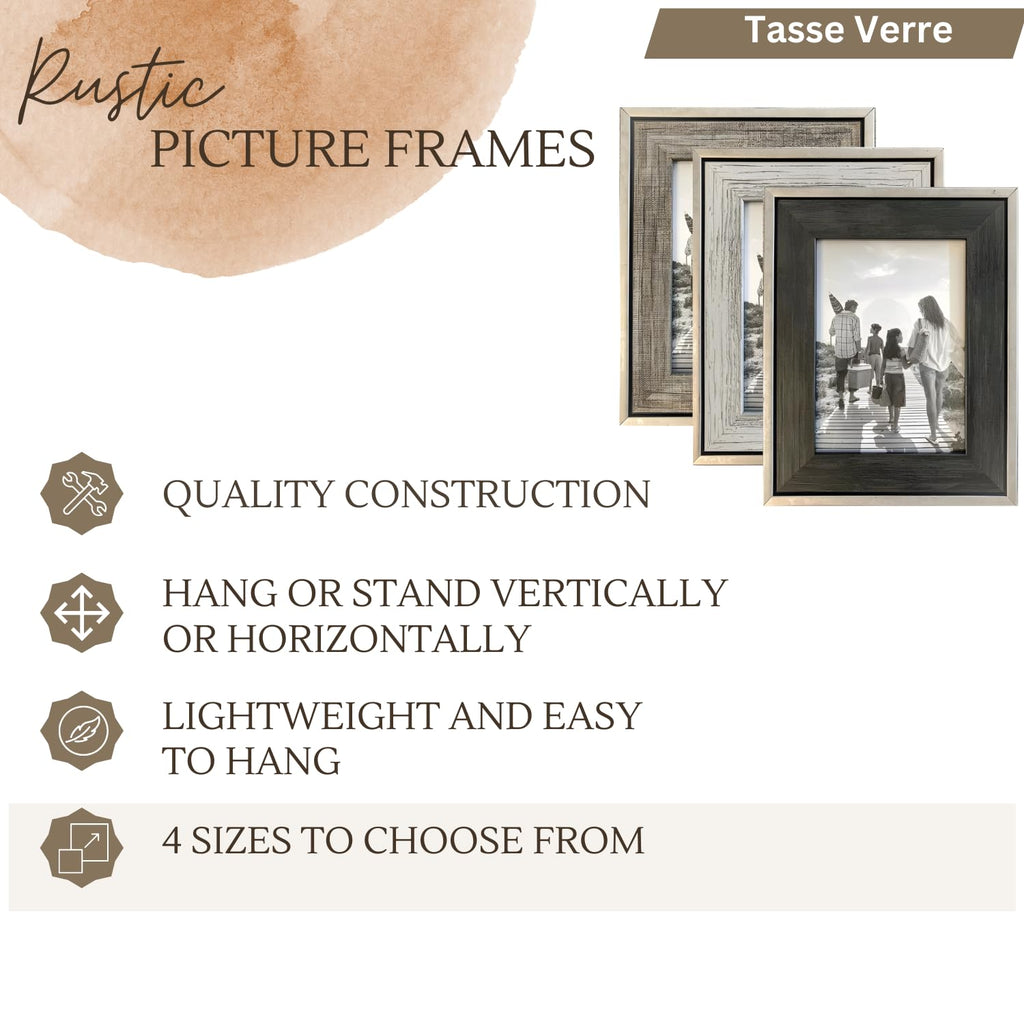 4x6 Rustic Picture Frames (3-Pack) - Distressed Farmhouse Industrial Table Frame - Ready to Hang or Stand - Built-in