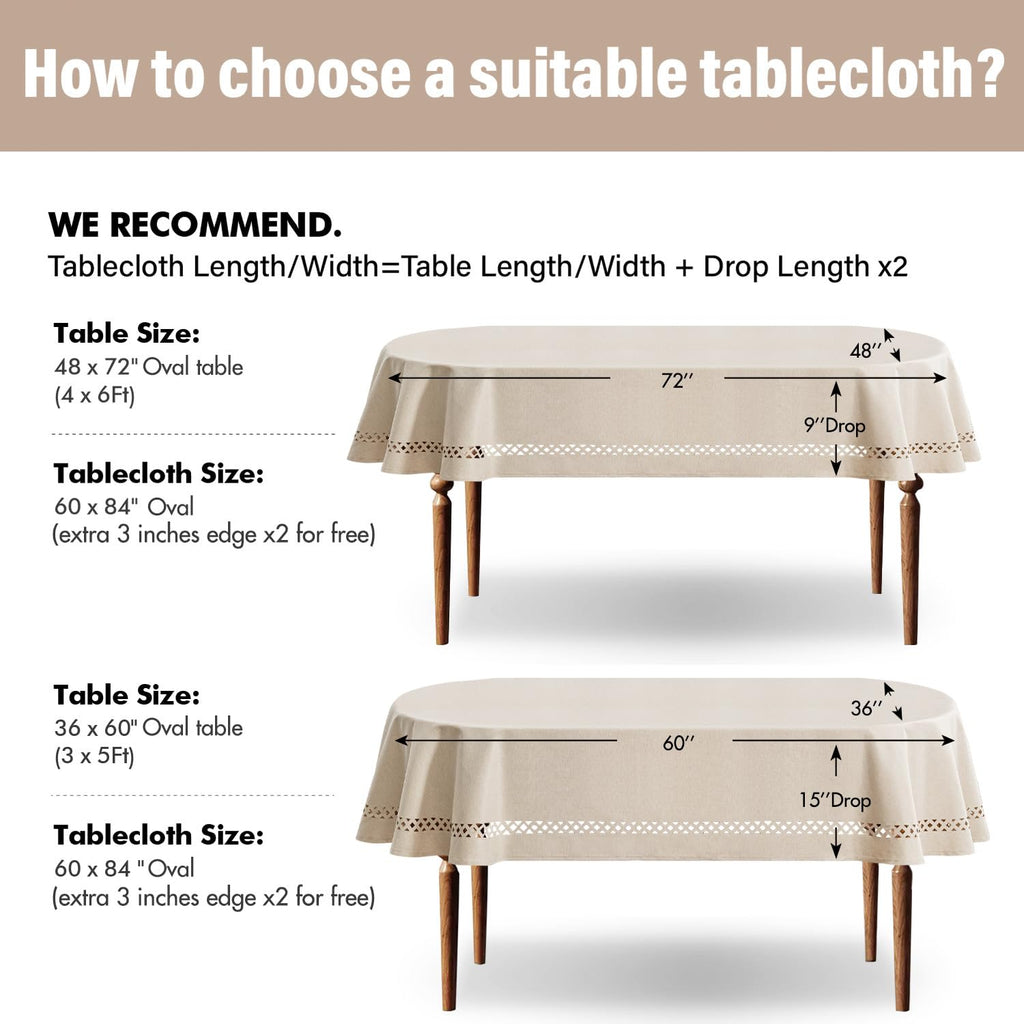 Beige Oval Tablecloth with Decorative Cutouts 60x84 Inch