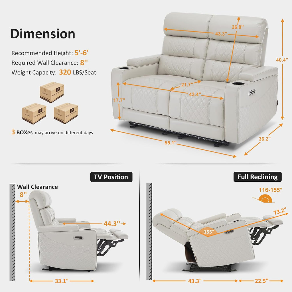 MCombo 55.1'' Power Loveseat Recliner for Adults, Home Theater Seating with Power Headrest, FSC Certified