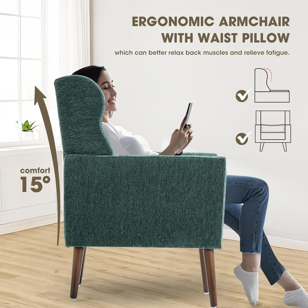 Accent Arm Chairs , Chenille Upholstered Mordern Armchair, Comfy Soft Padded Lounge Chair , Pillow, Solid Wood Leg