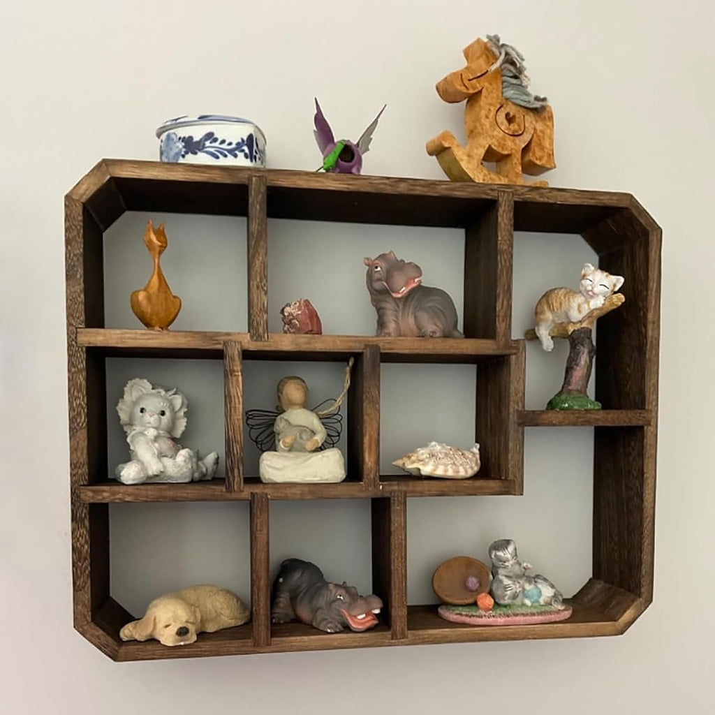 Rustic Shadow Box Display Shelf, 9 Compartments Wood Hanging Display Floating Shelves, Multi-Slot Wall Mounted or