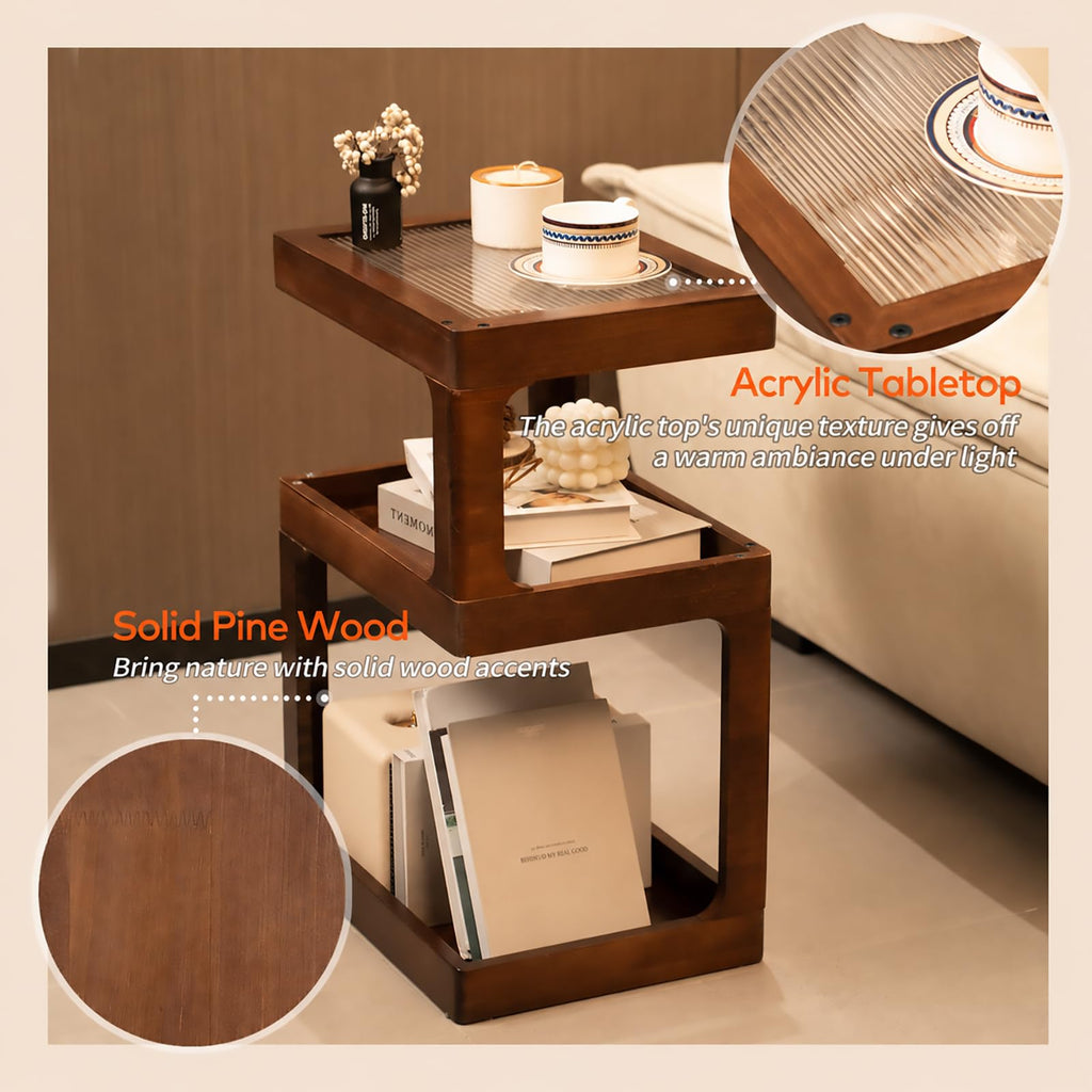 Solid Wood Side Table, 3 Tier Small End Table, Brown Accent Table