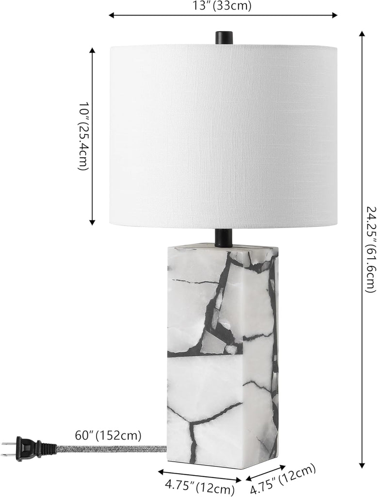 24.25" Black/White Modern Alabaster LED Table Lamp Decor, White Linen Shade