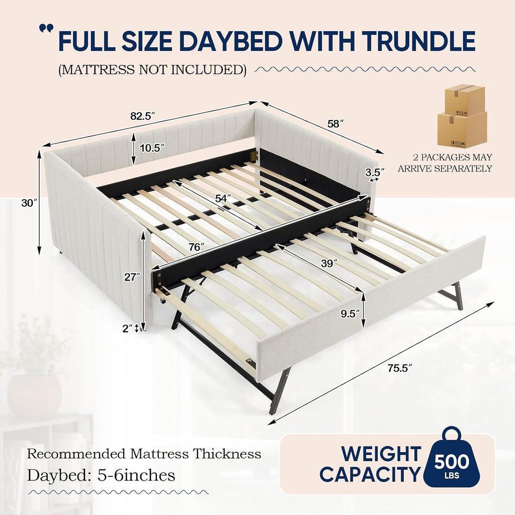 Daybed with Trundle, Modern Linen Full Day Bed with Pull Out Trundle Bed, Upholstered Sofa Bed with Stripes