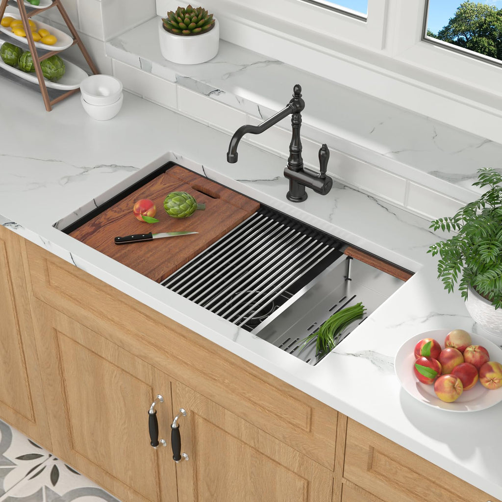 33 Inch Undermount - 33 x 19 Black Stainless Steel Sinks Ledge Workstation 16 Gauge Deep Single Bowl Handmade