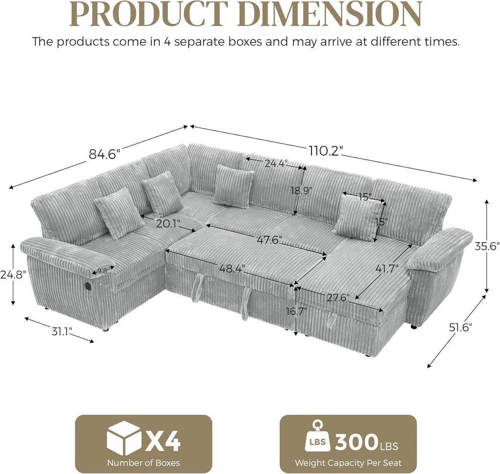 110" Sectional Sleeper Sofa with Pull Out Bed, Storage Chaise & USB Charging, U Shaped Plush Corduroy Comfy Sectional