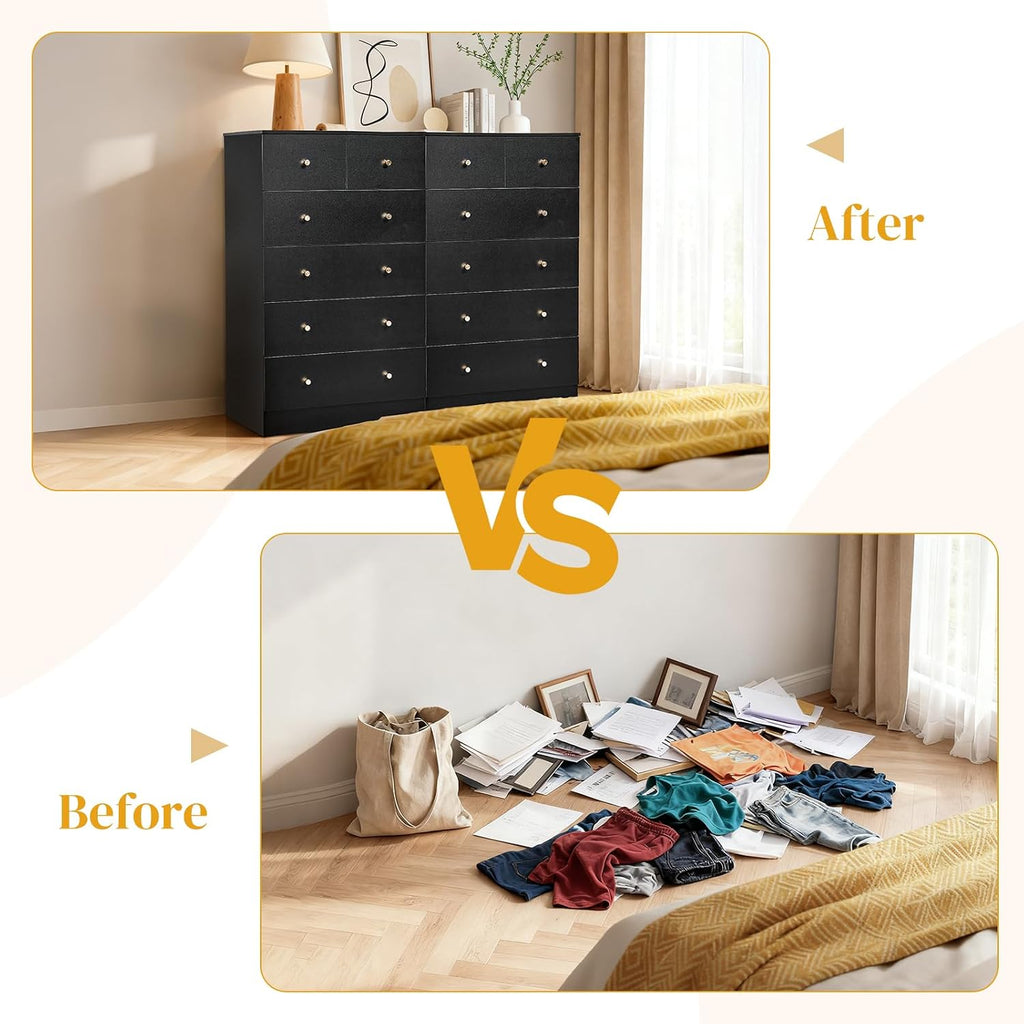 Black 6 Drawer Dresser, Rose Gold Handle Modern Bedroom Chest | Modern Wood Storage Dresser with Anti-Tipping Device