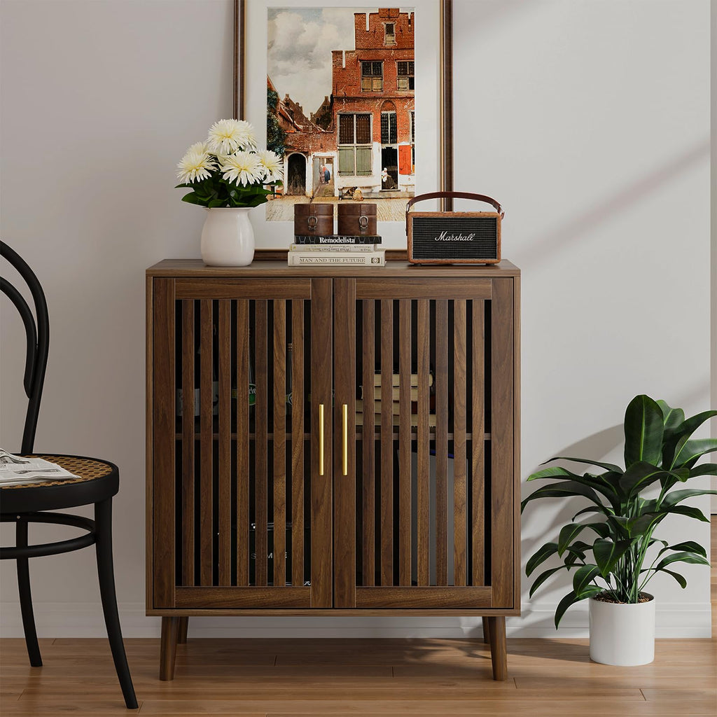 Buffet Cabinet with Storage Walnut Sideboard with Grille Doors&Adjustable Shelf, Wood Coffee Bar Storage Cabinet