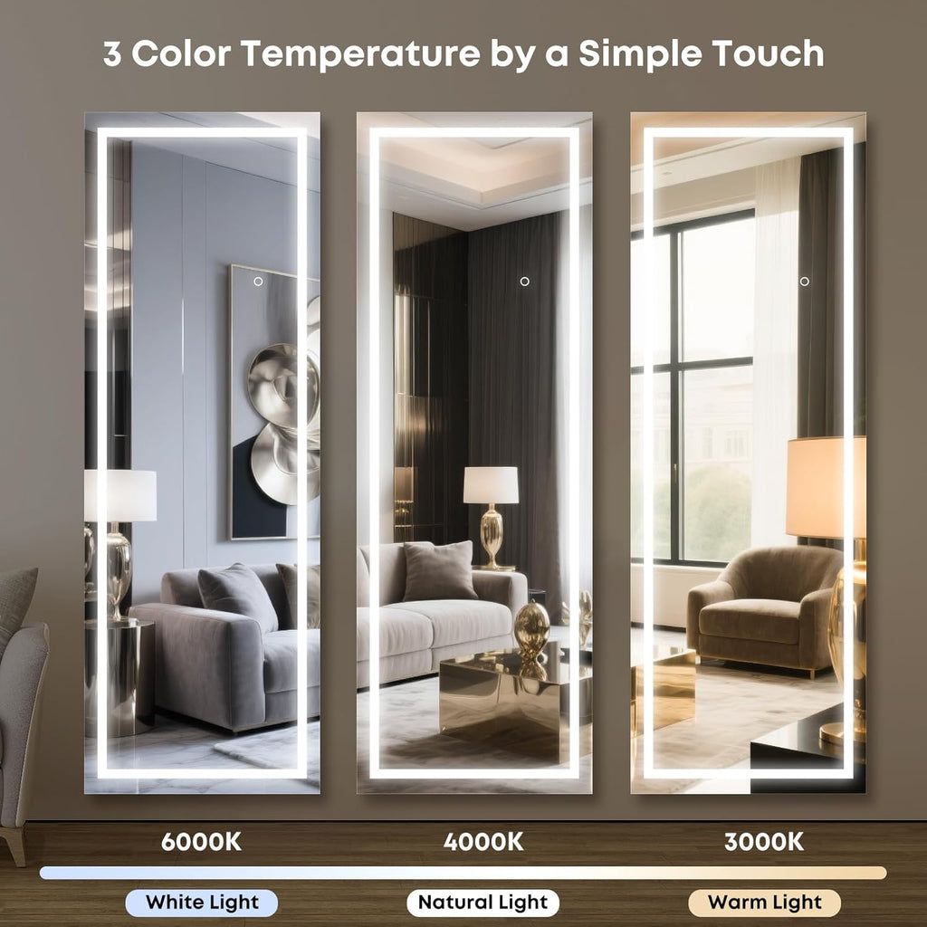 64" x 21" Full Length LED Floor Mirror - Big Wall/Standing Mirror with Lights, Dimmable Touch Screen & Adjustable