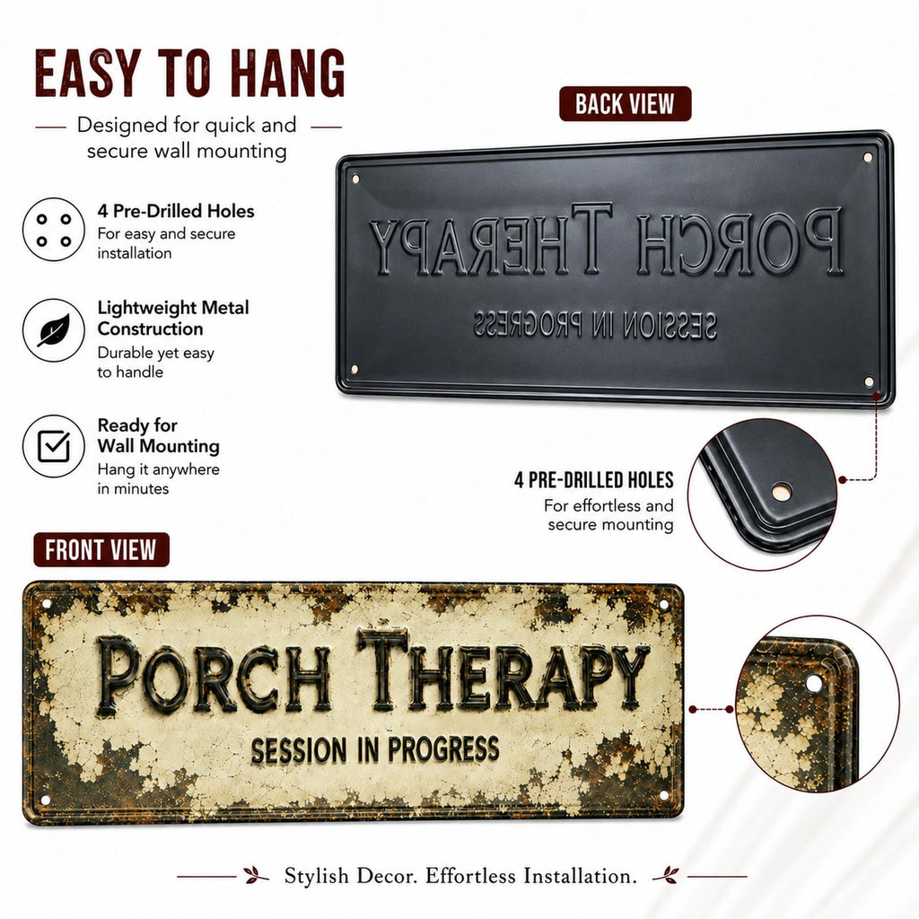 Porch Therapy Metal Sign, Rustic Front Porch Wall Decor Gift Idea