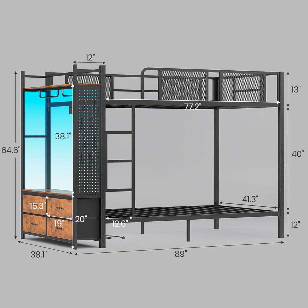 Metal Bunk Bed Twin Over Twin with Hall Tree, Power Outlet, LED Bunk Bed with 4 Storage Drawers
