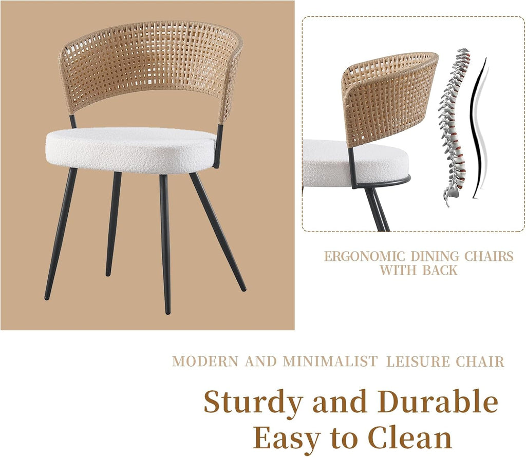 Rattan Dining Chairs Set of 4, Wicker Dining Chairs Set of 4 with PE Rattan Back,Wing Back Kitchen Chair with Boucle