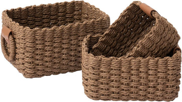 Small Wicker Baskets for Organizing, Brown 3 Pack | Decorative Organizer with Vegan Leather Tag, Round Handle