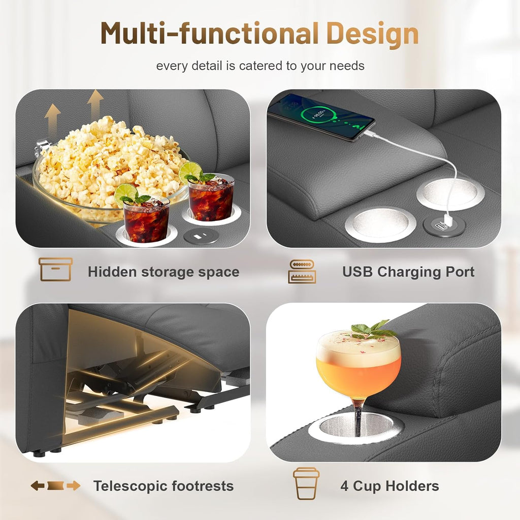 Home Theater Seating Loveseat Recliner Sofa, Massage Reclining Couch with USB, Center Console