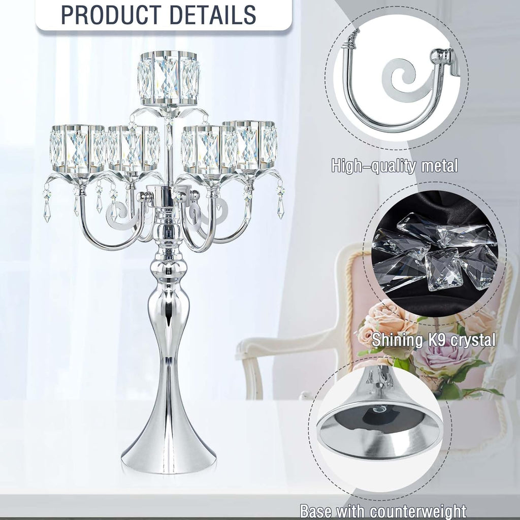 5 Arm Elegant Crystal Candle Holder,Candlestick, 22 Inch Tall Candle Holder Table Candelabra Event Party Table