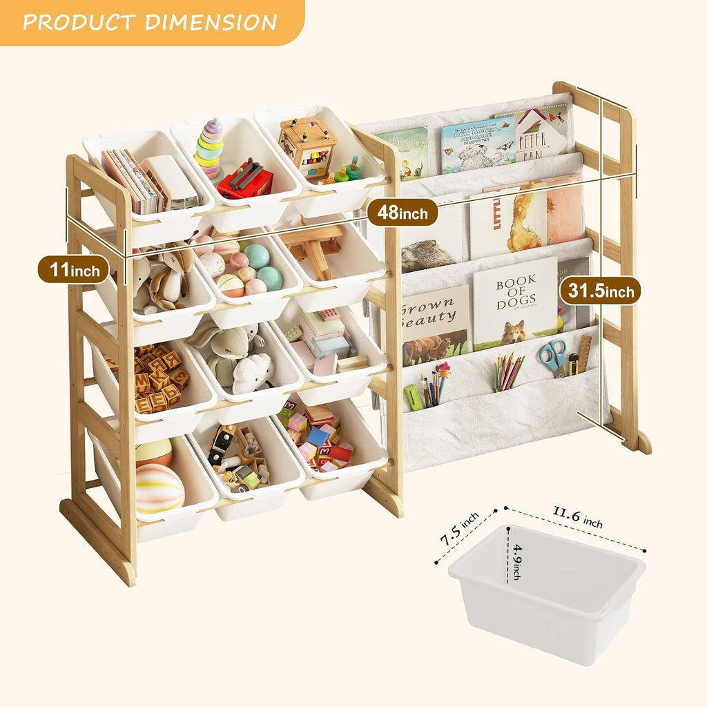 Toy Storage Organizer with Bookshelf, Kids Toy Organizer and Storage Shelf with 12 White Bins, Solid Pine Wood Book